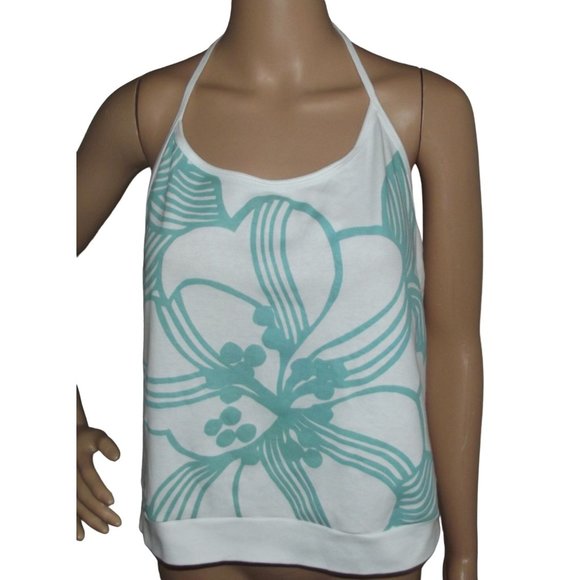 French Connection Halter Tank Women Large cotton turquoise tropical floral white - Picture 1 of 8
